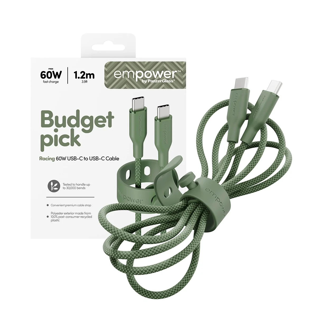 empower™ by PanzerGlass® Racing 60W USB-C to USB-C Kabel | USB 2.0 | 1.2M | Sage - Image 5