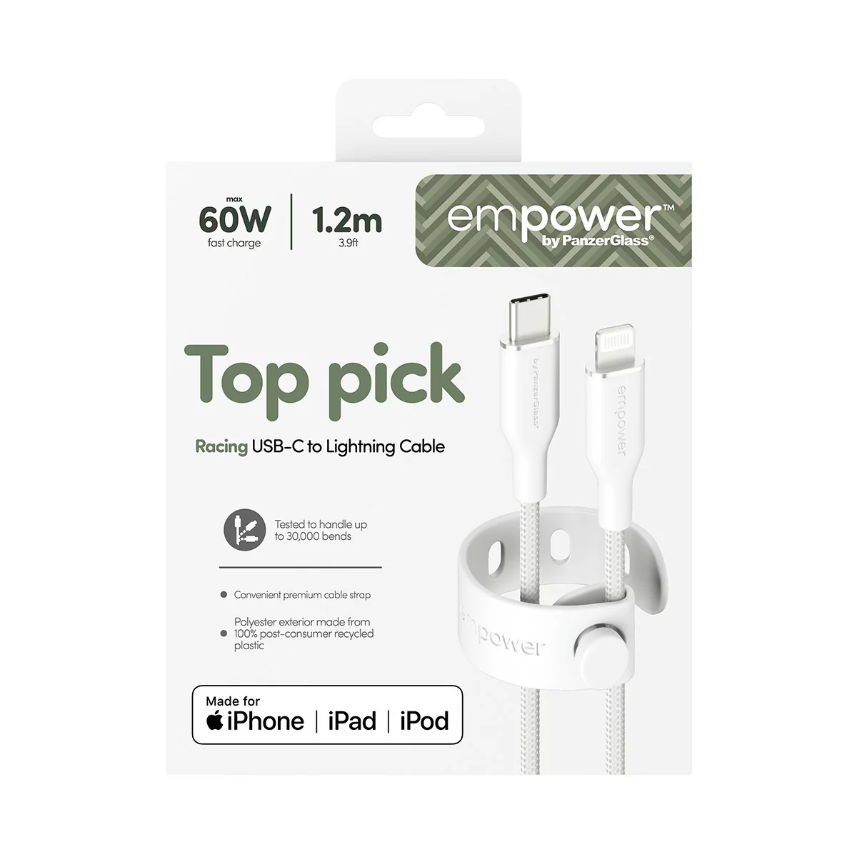 empower™ by PanzerGlass® Racing 60W USB-C to Lightning Kabel | USB 2.0 | 1.2M | Silber Weiss - Image 3