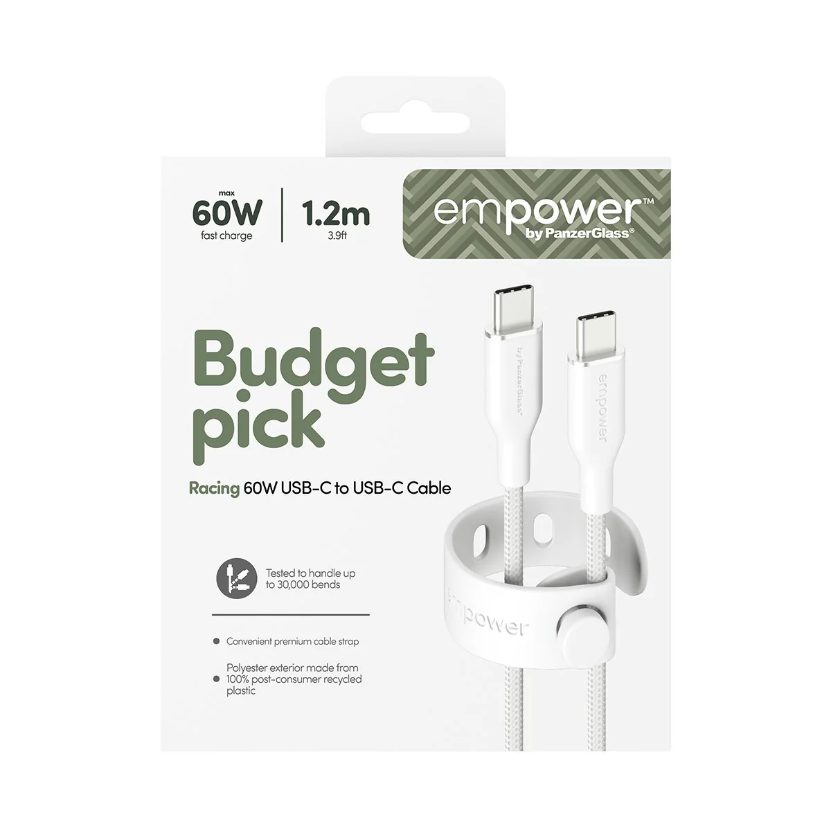 empower™ by PanzerGlass® Racing 60W USB-C to USB-C Kabel | USB 2.0 | 1.2M | Silber Weiss - Image 3
