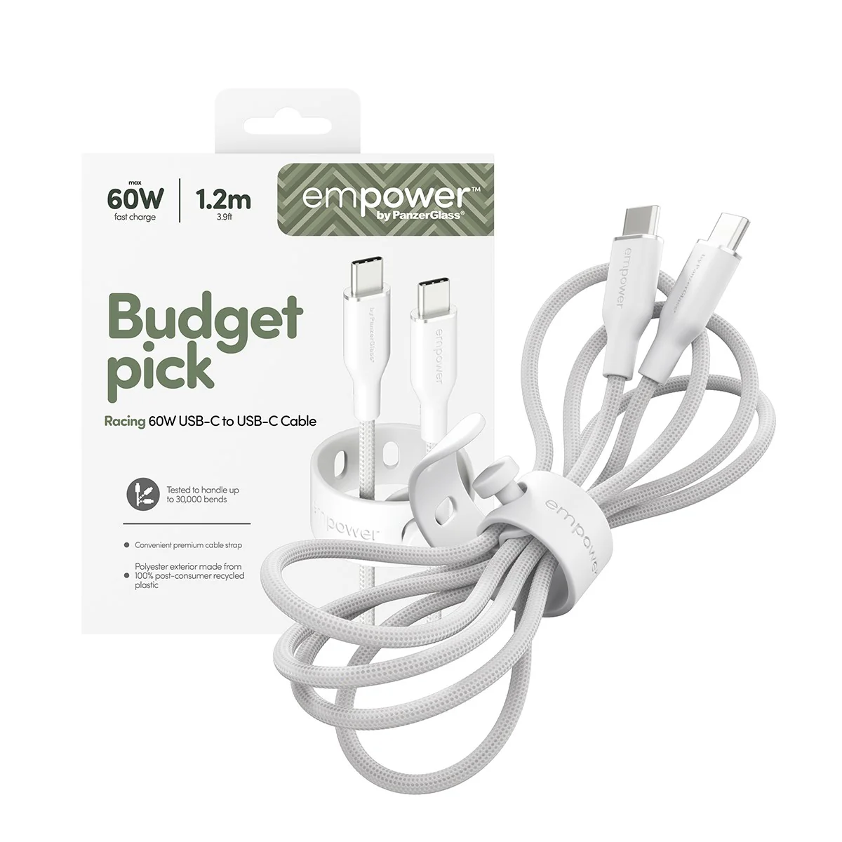 empower™ by PanzerGlass® Racing 60W USB-C to USB-C Kabel | USB 2.0 | 1.2M | Silber Weiss - Image 5