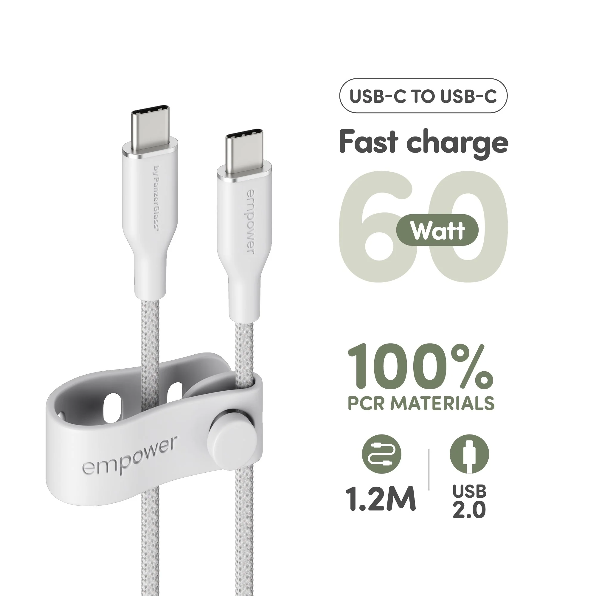 empower™ by PanzerGlass® Racing 60W USB-C to USB-C Kabel | USB 2.0 | 1.2M | Silber Weiss - Image 8
