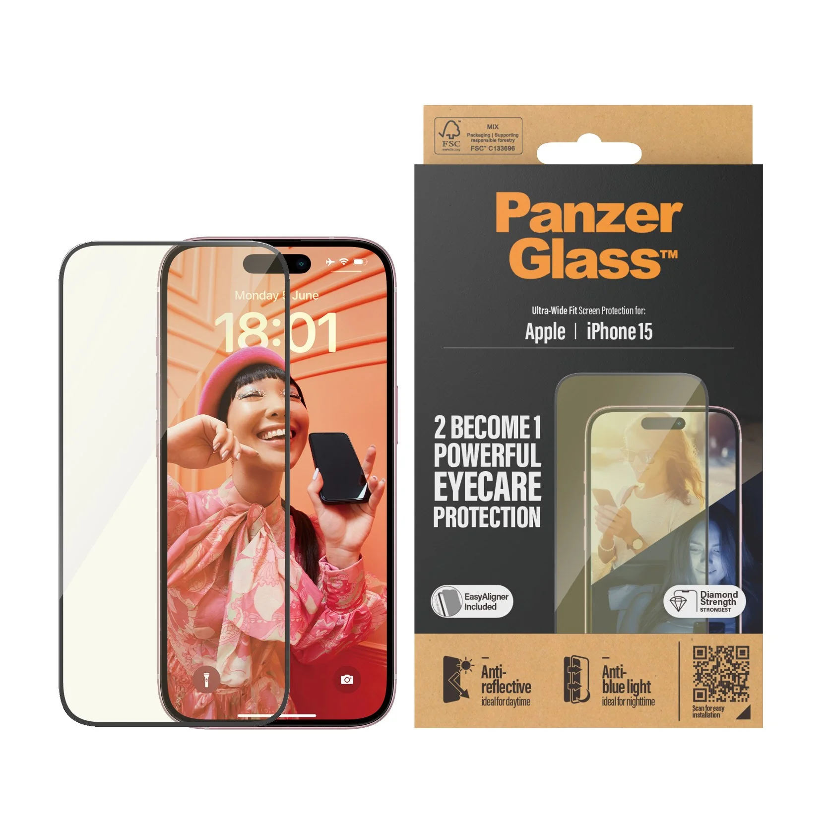 PanzerGlass® EyeCARE™ Displayschutz iPhone 15 | Ultra-Wide Fit m. EasyAligner - Image 2