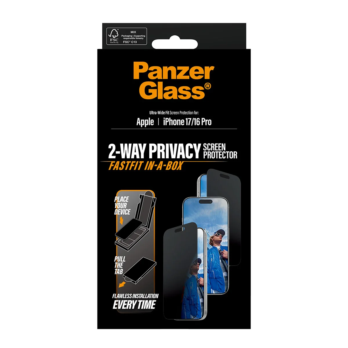 PanzerGlass® 2-Way Privacy Displayschutz iPhone 17 | iPhone 16 Pro | Ultra-Wide Fit m. FASTFIT IN-A-BOX - Image 3